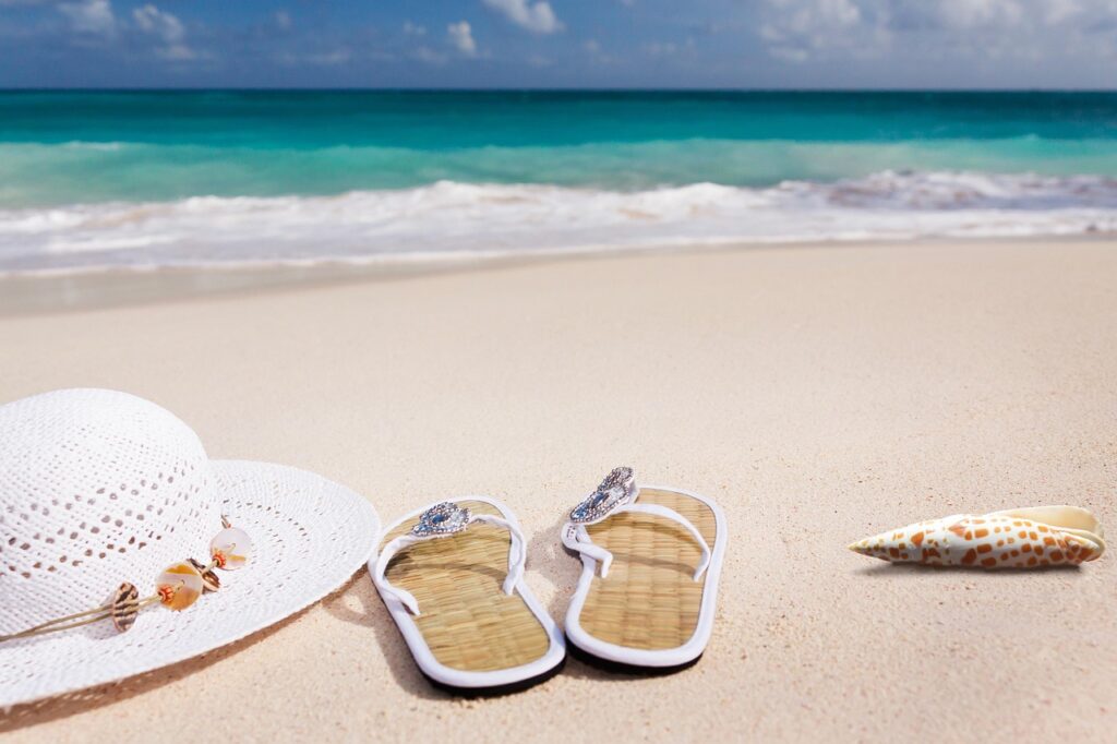 beach, nature, sand, sea, sandy beach, vacations, caribbean, coast, summer, coneflower, flip-flop, shell