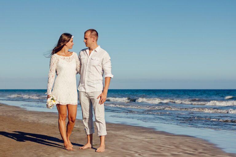 wedding, beach, young couple, couple, portrait, lovers, husband and wife, bride and groom, beach wedding, marriage, pair, together, romantic couple, couple portrait, love, romantic, ocean, seashore, shore, nature, wedding photography