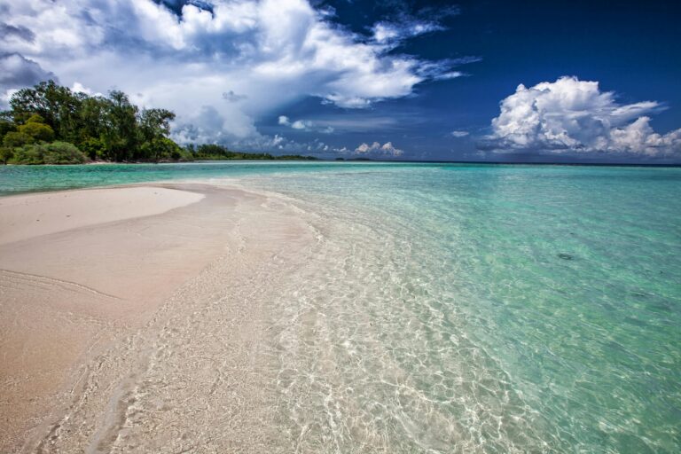 Whitsundays wedding venues, Idyllic tropical beach with clear turquoise water and lush greenery under a vibrant sky.